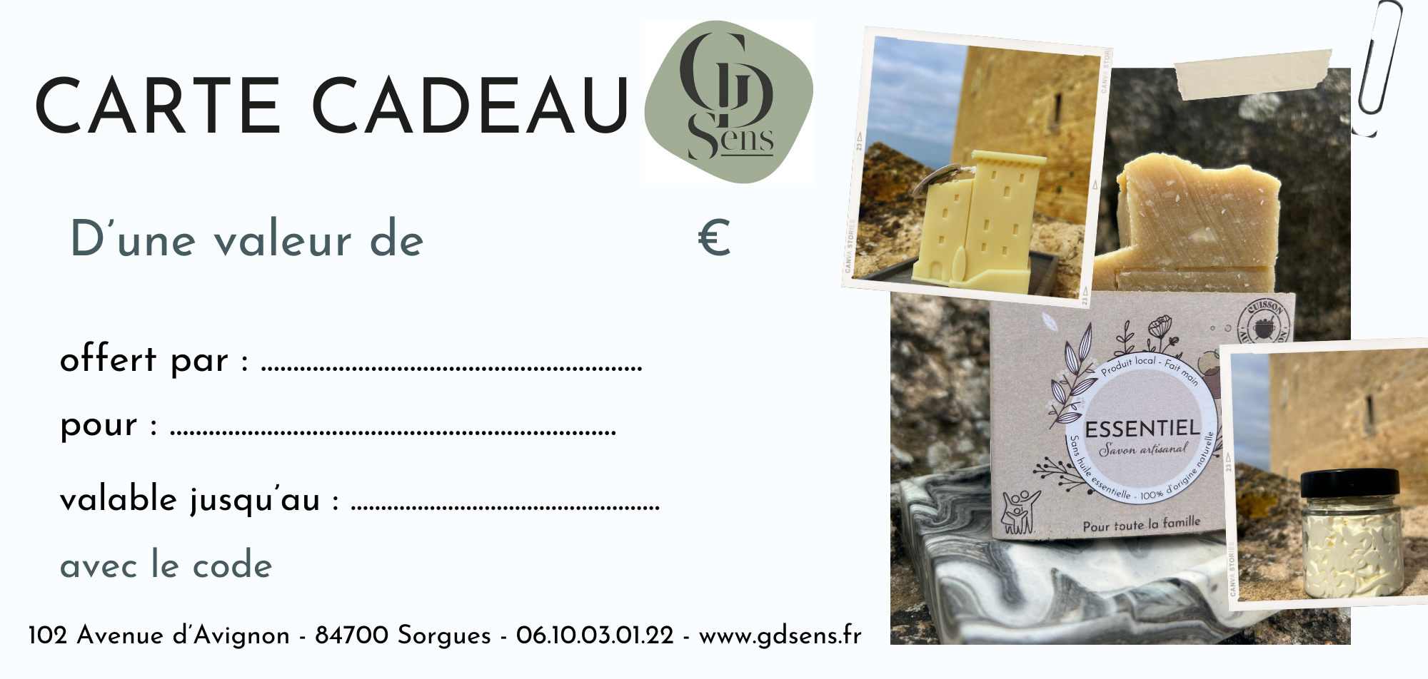 carte cadeau gdsens pour atelier ou produits